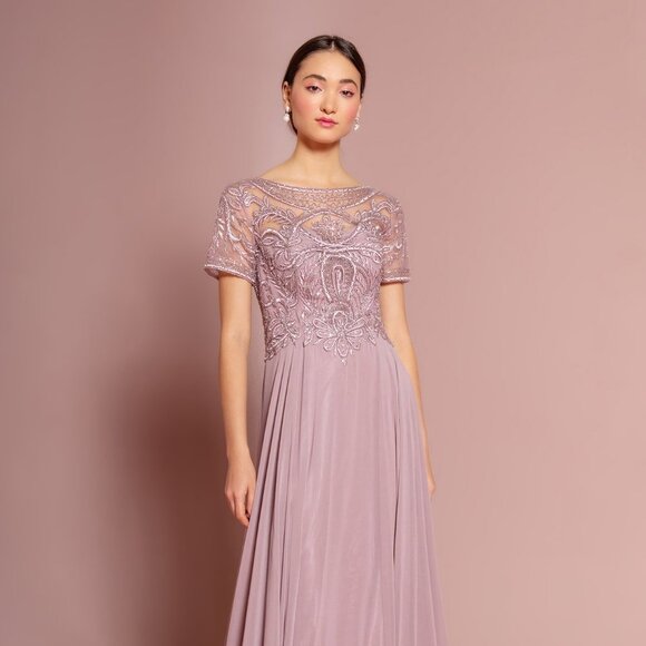 GLS Collective Dresses & Skirts - NEW LONG CHIFFON A-LINE DRESS WITH CAP SLEEVES EMBROIDERED WITH LACE GL2683